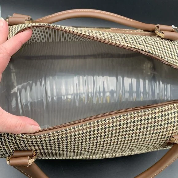 London Fog Oxford III Olive Houndstooth Carry On Duffel Bag Leather Trim 16" - Picture 7 of 8